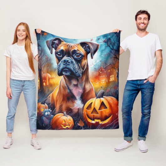 Halloween Boxer met pompoenen eng Fleece Deken (In situ)