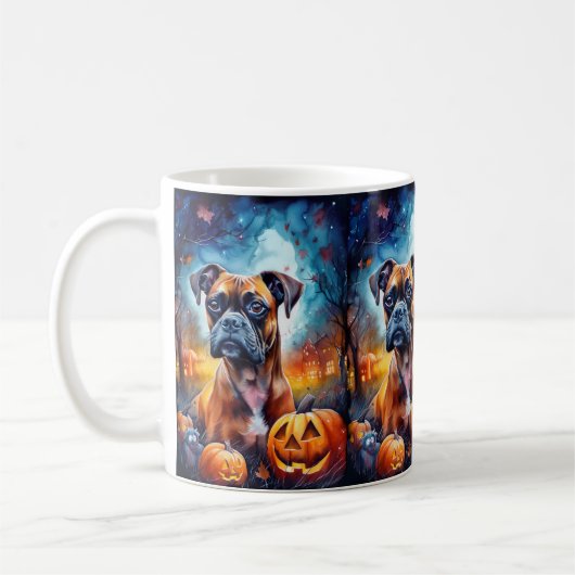 Halloween Boxer met pompoenen eng Koffiemok (Links)