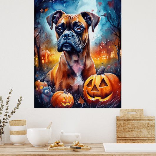 Halloween Boxer Met Pompoenen Griezelen Poster (Keuken)