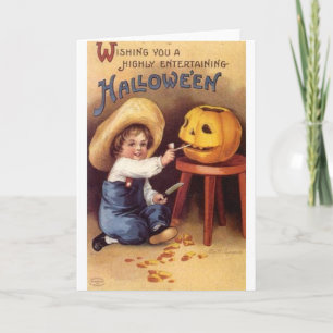 Halloween Boy Carving Pumpkin Kaart