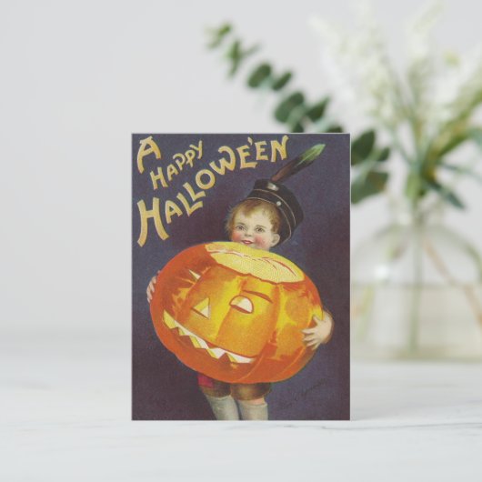  Halloween Boy en pompoen briefkaart (Staand voorkant)