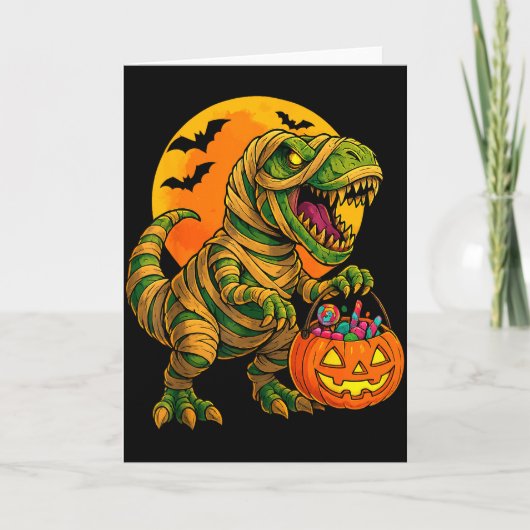 Halloween Boys Dinosaur Mummy T Rex Y Pumpkin Moon Kaart (Voorkant)