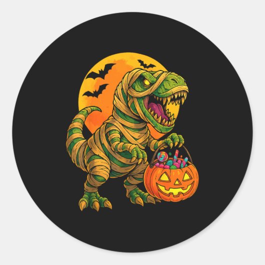 Halloween Boys Dinosaur Mummy T Rex Y Pumpkin Moon Ronde Sticker (Voorkant)