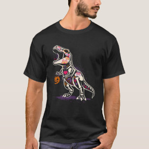 Halloween Boys Dinosaur Skeleton rex Scary Pumpkin T-shirt