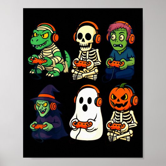 Halloween Boys Kids Gamer Dinosaur Skeleton Ghost  Poster (Voorkant)