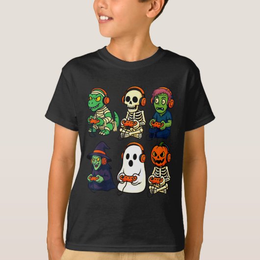 Halloween Boys Kids Gamer Dinosaur Skeleton Ghost  T-shirt (Voorkant)