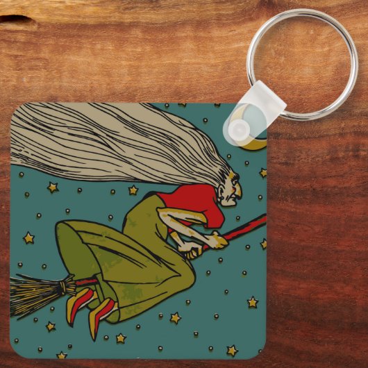  Halloween, boze heks die op Broomstick vliegt Sleutelhanger (Achterkant)