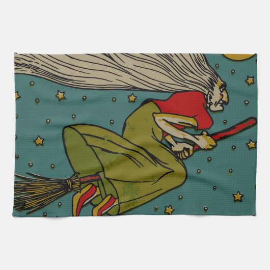  Halloween, boze heks die op Broomstick vliegt Theedoek (Horizontaal)