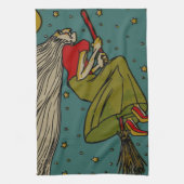  Halloween, boze heks die op Broomstick vliegt Theedoek (Verticaal)