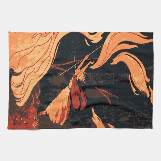  Halloween, boze heks with Fire in Forest Theedoek (Horizontaal)