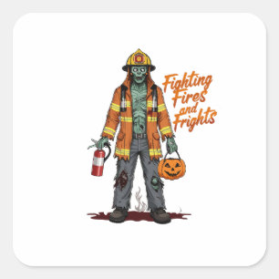 Halloween brandweerman vecht tegen branden en angs vierkante sticker