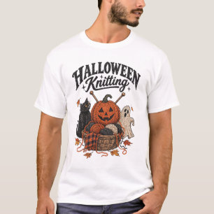 Halloween Breien Zwarte Kat Pompoen Geest T-shirt