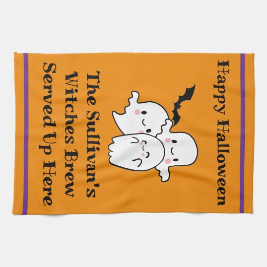 Halloween Brew Fun Ghost Bat Witch Sinaasappel Theedoek (Horizontaal)