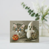 Halloween Briefkaart Cat Kitten Ghost Pumpkin Art (Staand voorkant)