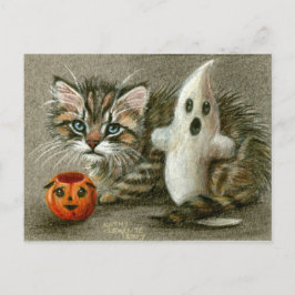 Halloween Briefkaart Cat Kitten Ghost Pumpkin Art