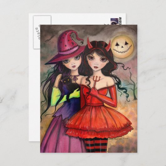 Halloween Briefkaart Gothic Witch en Devil Art (Voorkant / Achterkant)