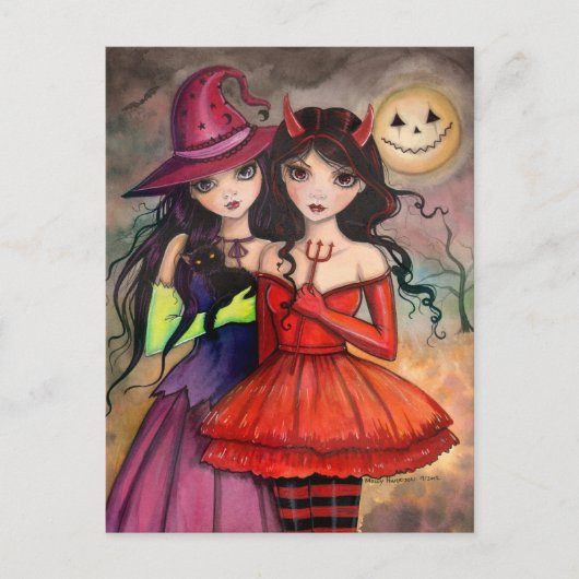 Halloween Briefkaart Gothic Witch en Devil Art (Voorkant)