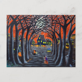 Halloween briefkaart, heksen, dorp, cauldron, slan briefkaart
