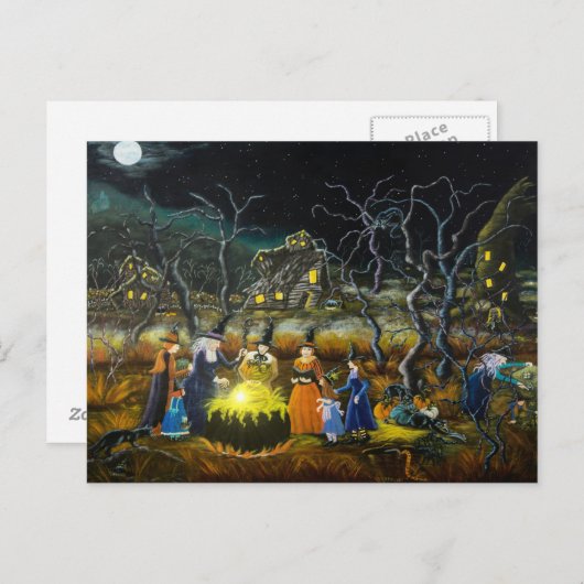Halloween briefkaart, heksen rondom cauldron briefkaart (Voorkant / Achterkant)