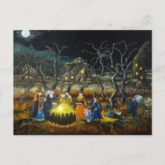Halloween briefkaart, heksen rondom cauldron briefkaart (Voorkant)