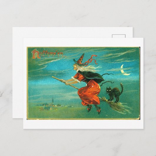  Halloween Briefkaart met heks en zwarte kat (Voorkant / Achterkant)