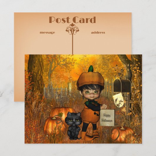 Halloween Briefkaart met kleine jongen en pompoene (Voorkant / Achterkant)