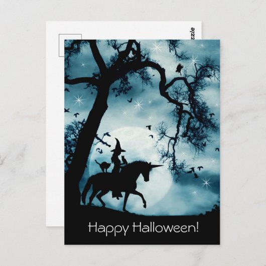 Halloween Briefkaart met Witch Unicorn Familiars (Voorkant / Achterkant)