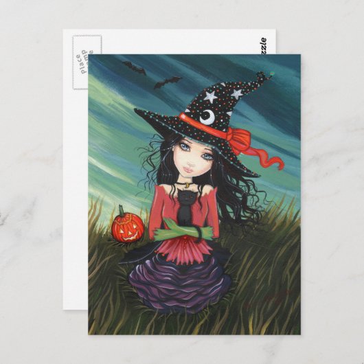 Halloween Briefkaart Witch Black Cat (Voorkant / Achterkant)