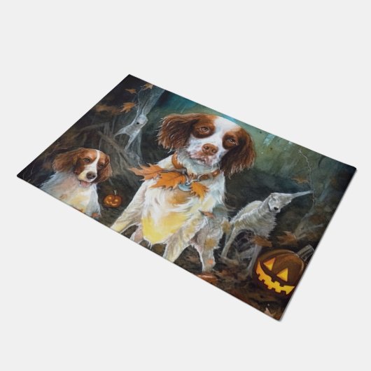 Halloween Brittany Spaniel met pompoenen eng Deurmat (Schuin)