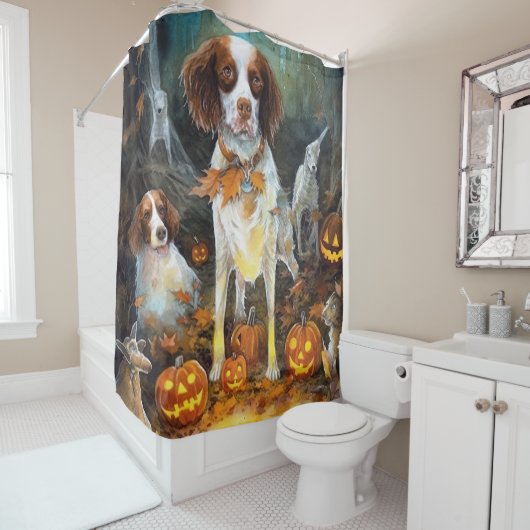 Halloween Brittany Spaniel met pompoenen eng Douchegordijn (In situ)