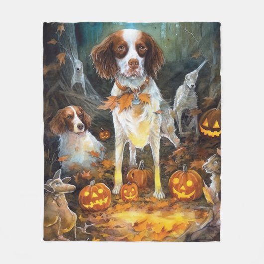 Halloween Brittany Spaniel met pompoenen eng Fleece Deken (Voorkant)