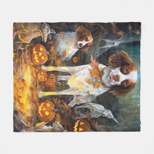 Halloween Brittany Spaniel met pompoenen eng Fleece Deken (Voorkant (Horizontaal))