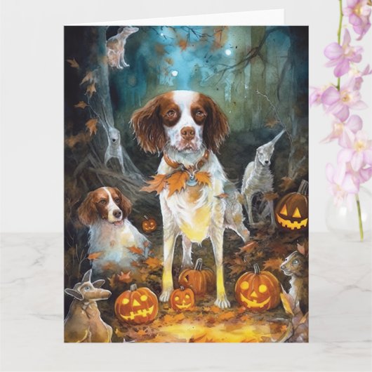 Halloween Brittany Spaniel met pompoenen eng Kaart (Orchidee)
