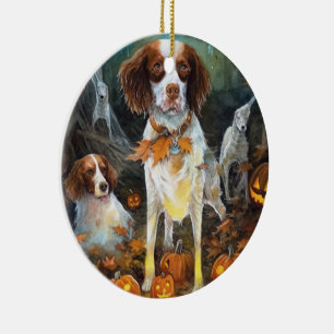 Halloween Brittany Spaniel Met Pompoenen Eng Keramisch Ornament
