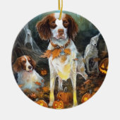Halloween Brittany Spaniel met pompoenen eng Keramisch Ornament (Voorkant)