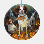 Halloween Brittany Spaniel met pompoenen eng Keramisch Ornament (Achterkant)