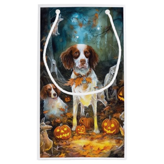 Halloween Brittany Spaniel met pompoenen eng Klein Cadeauzakje (Achterkant)
