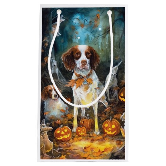Halloween Brittany Spaniel met pompoenen eng Klein Cadeauzakje (Voorkant)