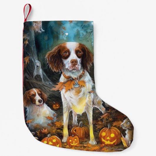 Halloween Brittany Spaniel met pompoenen eng Kleine Kerstsok (Voorkant)