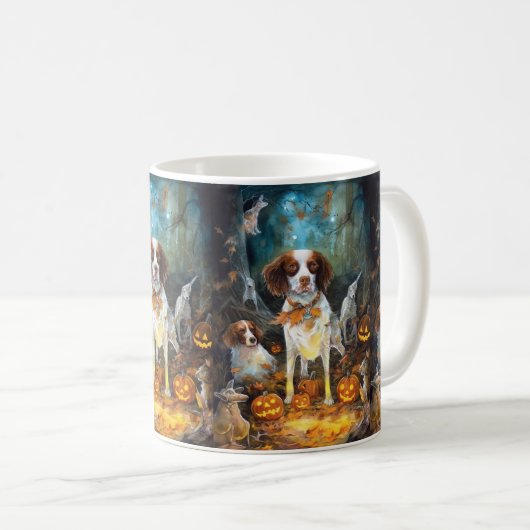 Halloween Brittany Spaniel met pompoenen eng Koffiemok (Voorkant rechts)