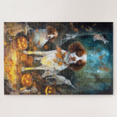 Halloween Brittany Spaniel met pompoenen eng Legpuzzel (Horizontaal)