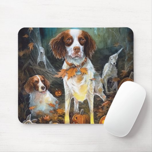 Halloween Brittany Spaniel met pompoenen eng Muismat (Met muis)