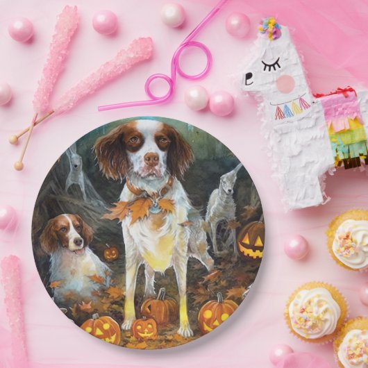 Halloween Brittany Spaniel met pompoenen eng Papieren Bordje (Feest)