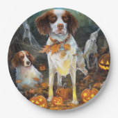 Halloween Brittany Spaniel met pompoenen eng Papieren Bordje (Voorkant)