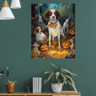 Halloween Brittany Spaniel met pompoenen eng Poster