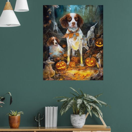 Halloween Brittany Spaniel met pompoenen eng Poster (Woonkamer 1)