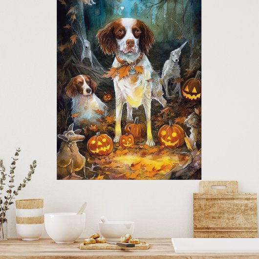 Halloween Brittany Spaniel met pompoenen eng Poster (Keuken)
