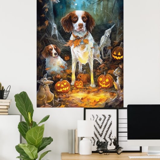 Halloween Brittany Spaniel met pompoenen eng Poster (Thuiskantoor)