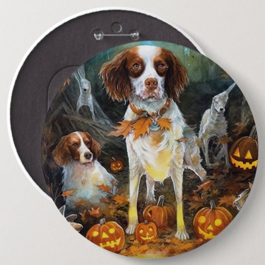 Halloween Brittany Spaniel met pompoenen eng Ronde Button 6,0 Cm (Voorkant /achterkant)