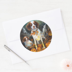 Halloween Brittany Spaniel met pompoenen eng Ronde Sticker